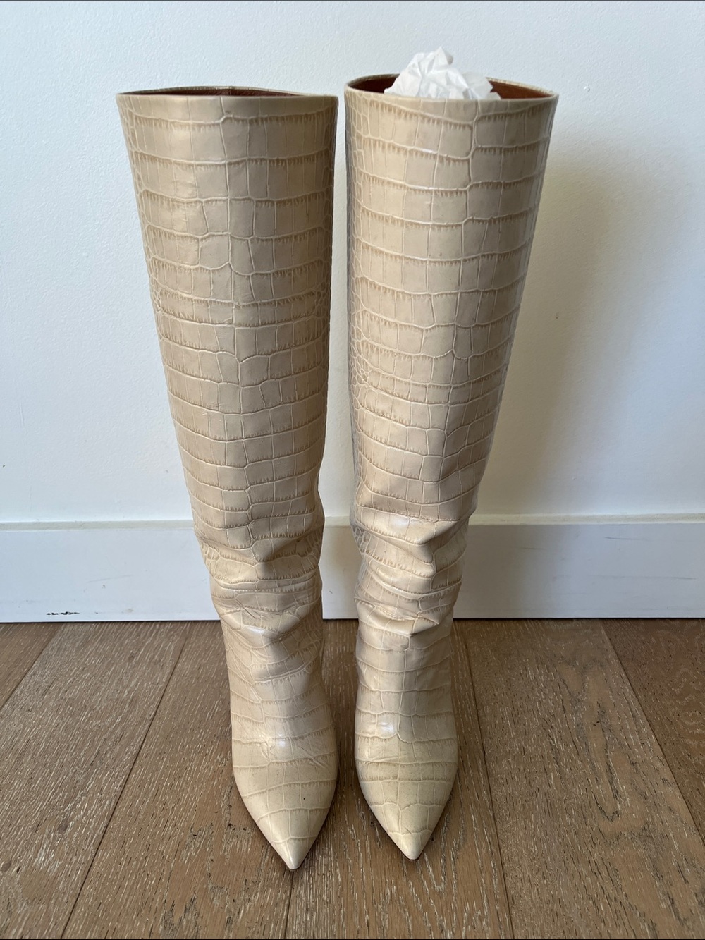 Paris Texas Cream Croc-Embossed Pointed Knee-High Boots